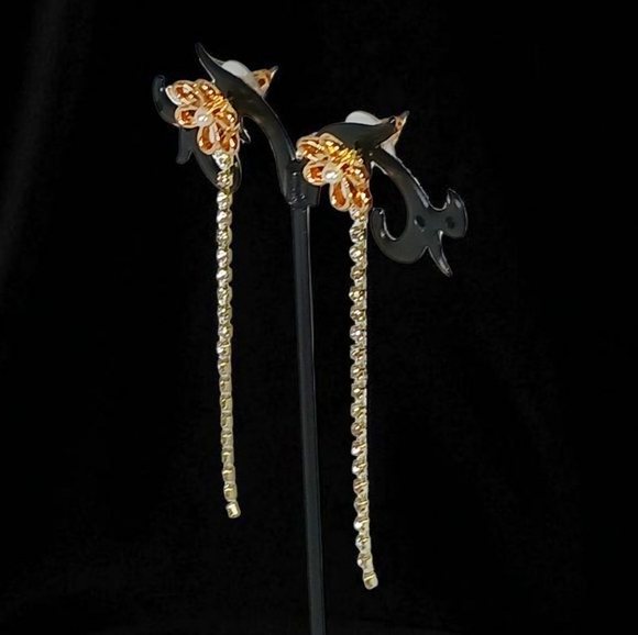 Gold Flower Rhinestone Linear Drop Earrings Pearl Luxe Bling Modern Retro Glam - Picture 3 of 15